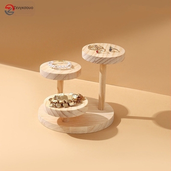 Ξύλινη βιτρίνα κοσμημάτων, στρογγυλή, τριών επιπέδων, περιστρεφόμενη βάση για δαχτυλίδια και ρολόγια