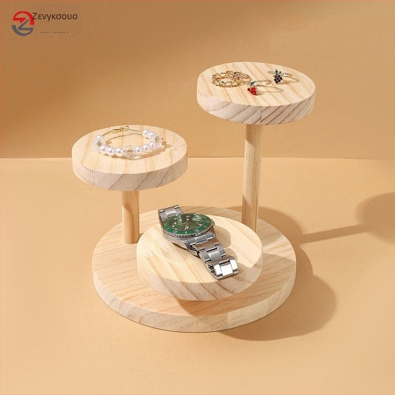 Ξύλινη βιτρίνα κοσμημάτων, στρογγυλή, τριών επιπέδων, περιστρεφόμενη βάση για δαχτυλίδια και ρολόγια