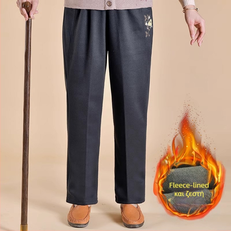 Γυναικείες παντελόνες για μεσήλικες με επένδυση φλις, χαλαρή γραμμή, πολυεστερικό ύφασμα, παχιά υφανση, καθημερινό στυλ