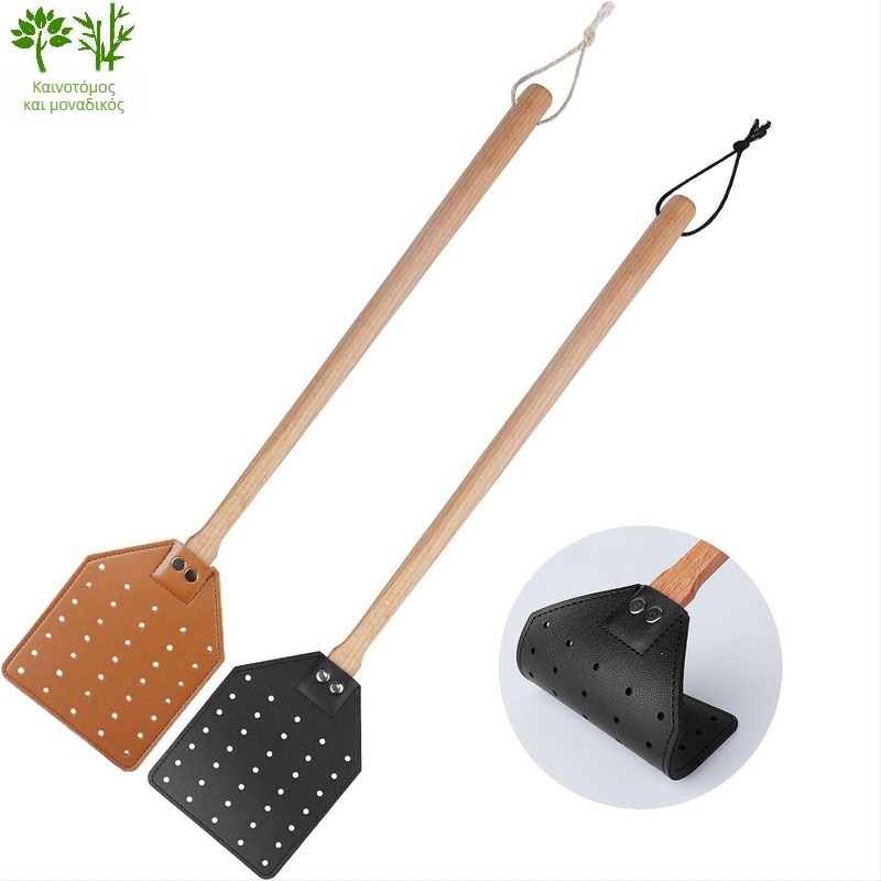 Δερμάτινη σκούπα για μύγες με κυκλική ξύλινη κεφαλή και μακριά λαβή από σημύδα — βαριά κατασκευή, μη τοξική, δυνατή προσαρμογή