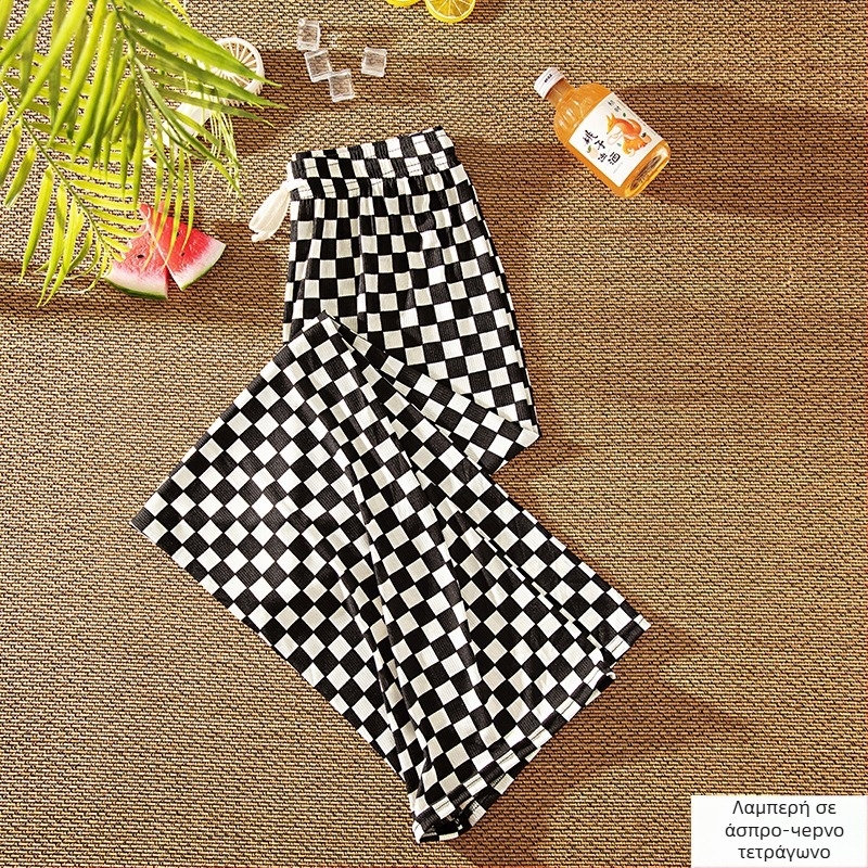 Γυναικείες φαρδιές καρό παντελόνες με υψηλή μέση, ελαφρύ ύφασμα βαμβακι-πολυεστέρα, χαλαρή γραμμή για καλοκαίρι