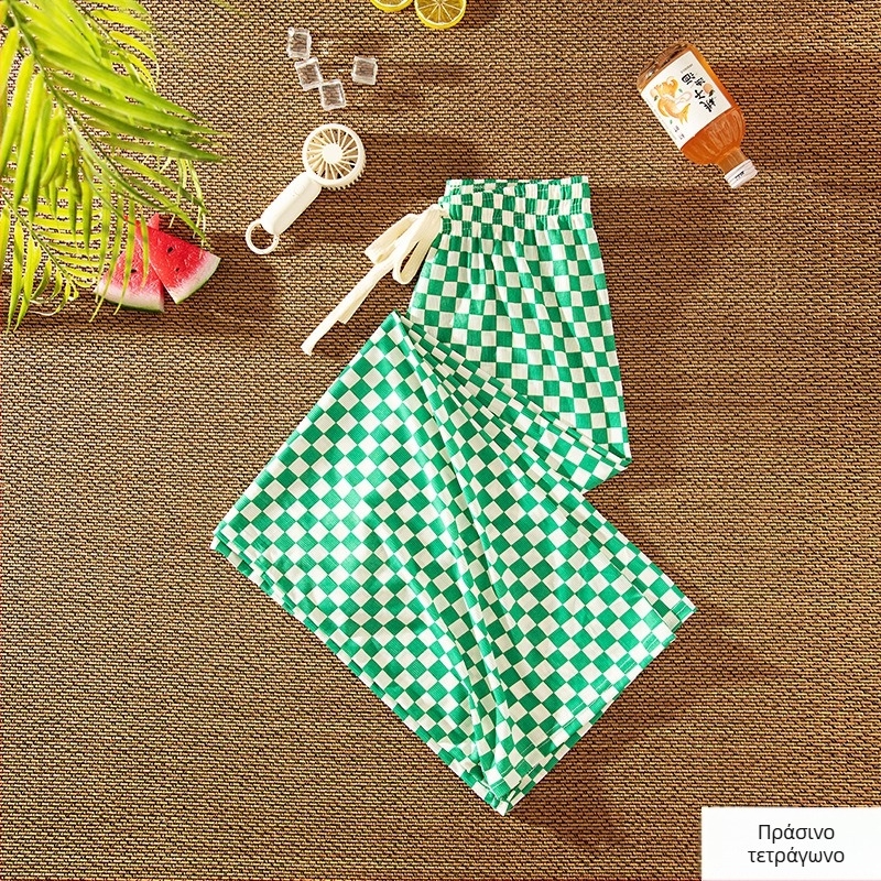 Γυναικείες φαρδιές καρό παντελόνες με υψηλή μέση, ελαφρύ ύφασμα βαμβακι-πολυεστέρα, χαλαρή γραμμή για καλοκαίρι