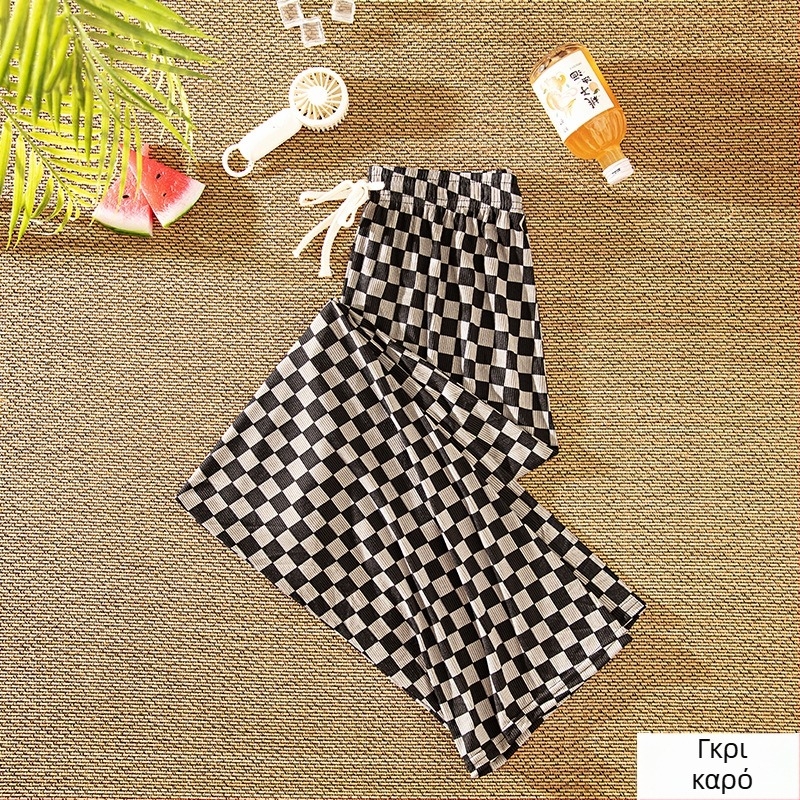 Γυναικείες φαρδιές καρό παντελόνες με υψηλή μέση, ελαφρύ ύφασμα βαμβακι-πολυεστέρα, χαλαρή γραμμή για καλοκαίρι