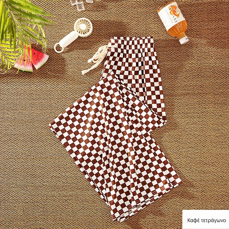 Γυναικείες φαρδιές καρό παντελόνες με υψηλή μέση, ελαφρύ ύφασμα βαμβακι-πολυεστέρα, χαλαρή γραμμή για καλοκαίρι