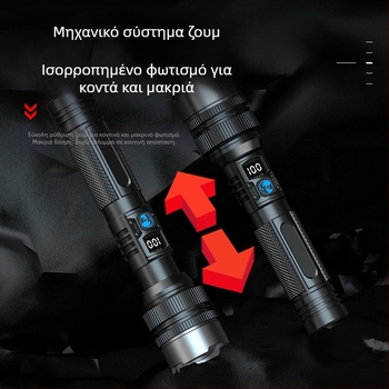 Φακός LED με χειροκίνητη φόρτιση και οπτικό zoom, 10W, 1800mAh, εμβέλεια 500 m