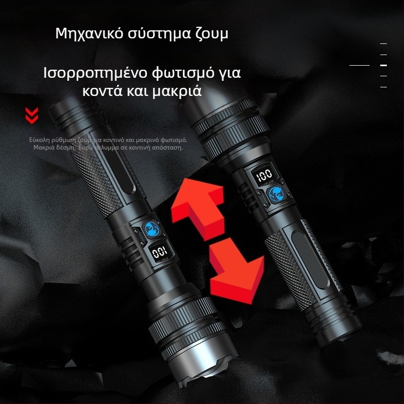 Φακός LED με χειροκίνητη φόρτιση και οπτικό zoom, 10W, 1800mAh, εμβέλεια 500 m
