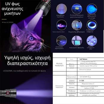 Φακός UV LED 365nm, Ισχύς 30, Μπαταρία Li-ion 1200mAh, Επαναφορτιζόμενη, Εμβέλεια έως 50m