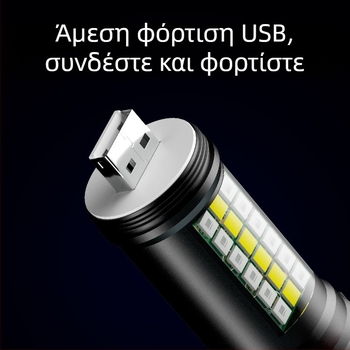 Φακός χειρός LED P60 από αλουμινένιο κράμα, τηλεσκοπικός σχεδιασμός, φόρτιση USB, πλευρικό φως, μέχρι 500 lm, μοντέλο Ym-9102