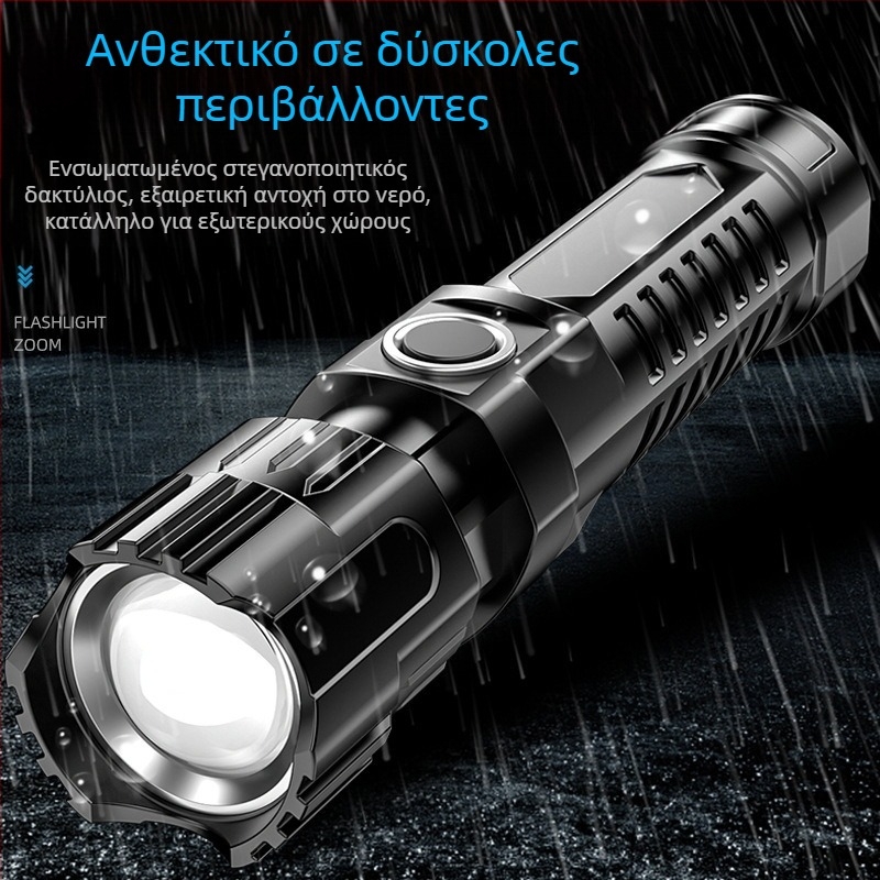 Φακός LED χειρός USB επαναφορτιζόμενος με τηλεσκοπικό ζουμ και μεγάλο flood φωτισμό — ABS σώμα, 800 mAh, 3.7V, εμβέλεια 100–200 m, διάρκεια ζωής μπαταρίας 1–2 h