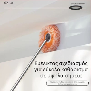 Πολυλειτουργικός επίπεδος mop με σχέδιο ηλίανθου, κεφαλή από μικροΐνες και ράβδο από ανοξείδωτο ατσάλι; κεφαλή από βαμβακερή γάζα; απομάκρυνση νερού 80–90%; φόρτος κάτω από 10 κιλά.