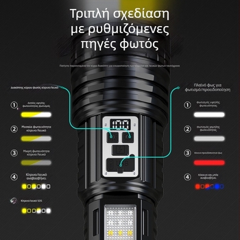 Φακός με διπλό λέιζερ, εστίαση, μακρύ εμβέλεια έως 500 m, 10 W, επαναφορτιζόμενη μπαταρία 3000 mAh, φορτιστής περιλαμβάνεται, πολυλειτουργικός LED