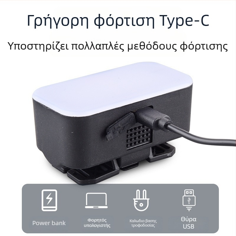 LED κεφαλόφως με φόρτιση USB για εξωτερικές δραστηριότητες — αδιάβροχο, εμβέλεια δέσμης 100 μέτρα, διάρκεια λειτουργίας 3 ώρες