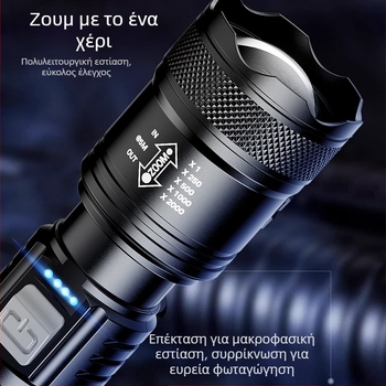 Φανάρι χειρός για εξωτερική χρήση, πολυλειτουργικό με μακρύ εύρος φωτισμού και πλευρικό λέιζερ φωτισμό