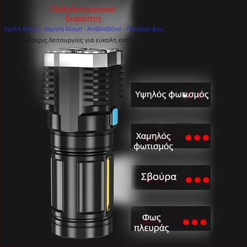 Φακός LED με COB πλευρικό φως, USB επαναφορτιζόμενος, 5W, 600mAh, παραγωγή ενέργειας με πίεση χεριού