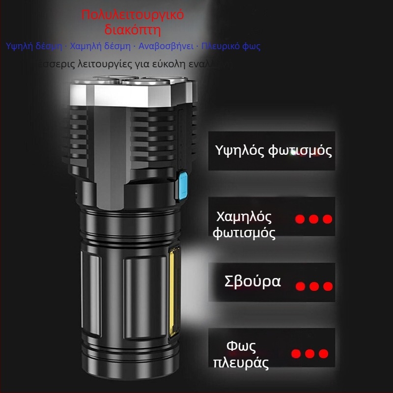 Φακός LED με COB πλευρικό φως, USB επαναφορτιζόμενος, 5W, 600mAh, παραγωγή ενέργειας με πίεση χεριού