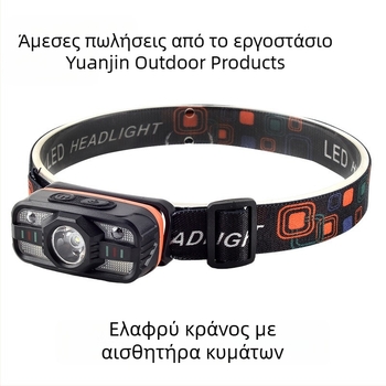 Επαγωγικός φακός κεφαλής με πολυλειτουργικό επαναφορτιζόμενο LED, για νυχτερινό τρέξιμο και εξωτερικές δραστηριότητες; Μπαταρία 500–800 mAh, Ισχύς 5W, Εμβέλεια 100–200 m, Παραγωγή ενέργειας με πίεση χεριού