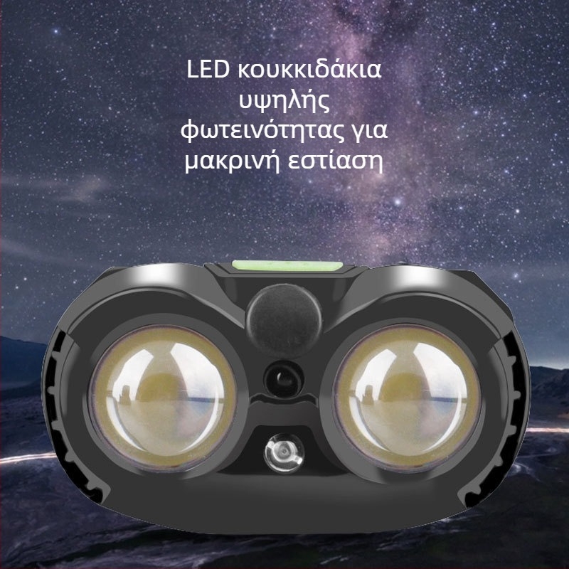 LED κεφαλικός φακός με USB επαναφορτιζόμενος, αδιάβροχος, εμβέλεια 10 μ., αυτονομία 20 ώρες