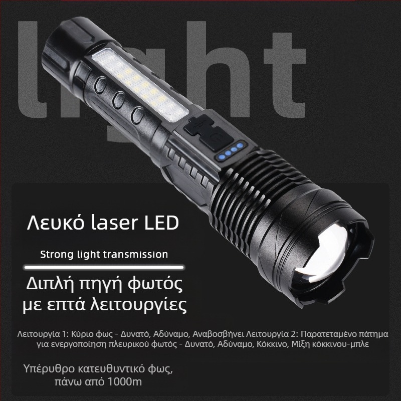 Φακός LED USB επαναφορτιζόμενος για εξωτερικούς χώρους και ανάγκες έκτακτης ανάγκης – λέιζερ φως με COB εργασιακό φως, 30W, ενσωματωμένη μπαταρία 18650, εμβέλεια 200–500 m