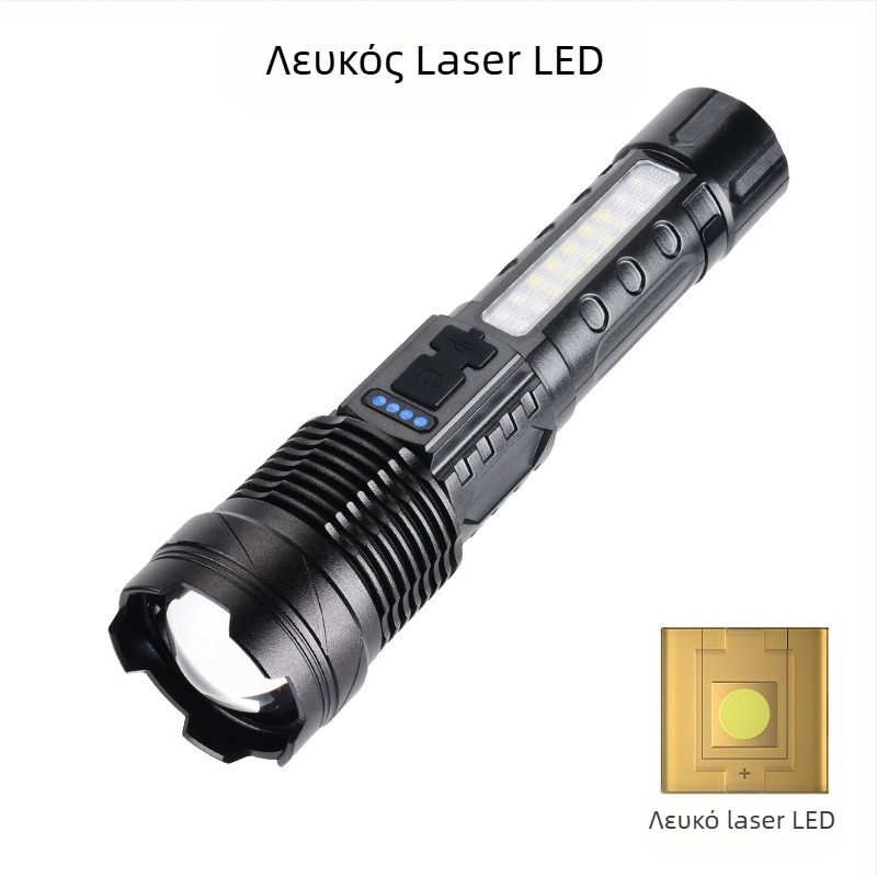 Φακός LED USB επαναφορτιζόμενος για εξωτερικούς χώρους και ανάγκες έκτακτης ανάγκης – λέιζερ φως με COB εργασιακό φως, 30W, ενσωματωμένη μπαταρία 18650, εμβέλεια 200–500 m