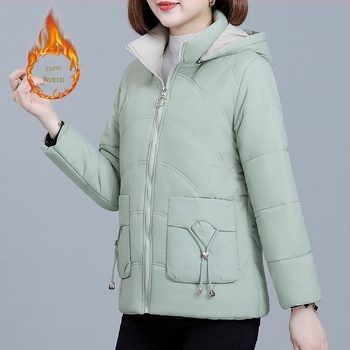 Γυναικείο κοντό βαμβακερό μπουφάν με fleece επένδυση, χειμερινό 2024, φαρδιά γραμμή, κουκούλα, φερμουάρ