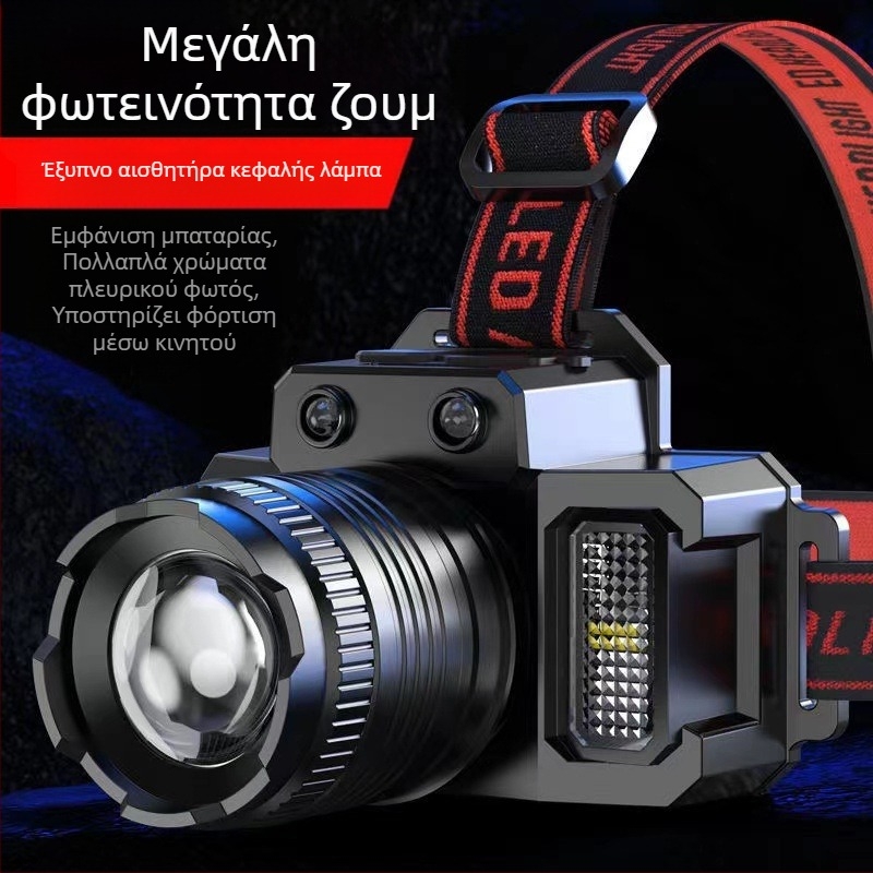 Κεφαλικός LED φακός με επαναφόρτιση USB για υπαίθριο ψάρεμα — αισθητήρας νυχτερινού φωτισμού, 360° περιστροφή, 30W, 4800mAh, εμβέλεια 200–500 m