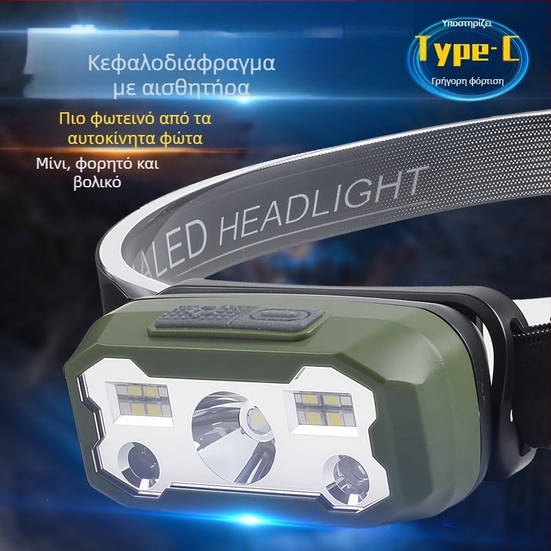 LED κεφαλικός φακός, 5W, επαναφορτιζόμενος μέσω Type-C, μπαταρία Li-ion υψηλής πυκνότητας, εμβέλεια 200-500 m