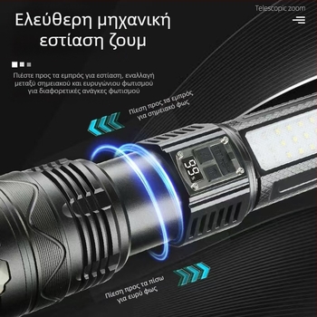 Φακός LED με σώμα από κράμα αλουμινίου, 15W, ενσωματωμένη μπαταρία 5400 mAh, επαναφορτιζόμενο, με λειτουργία Power Bank, εμβέλεια ≥ 500 m