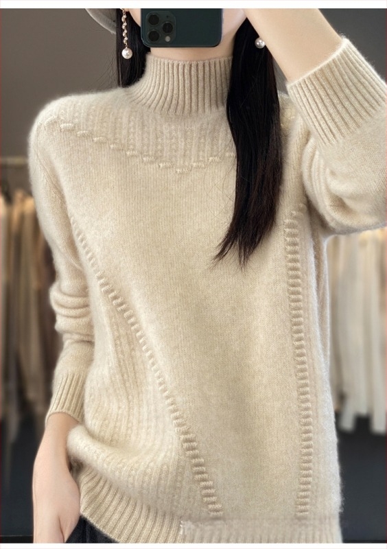 Πουλόβερ μαλλιού, με ημιψηλό λαιμό, φαρδιά γραμμή, παχιά πλέξη, μακριά μανίκια