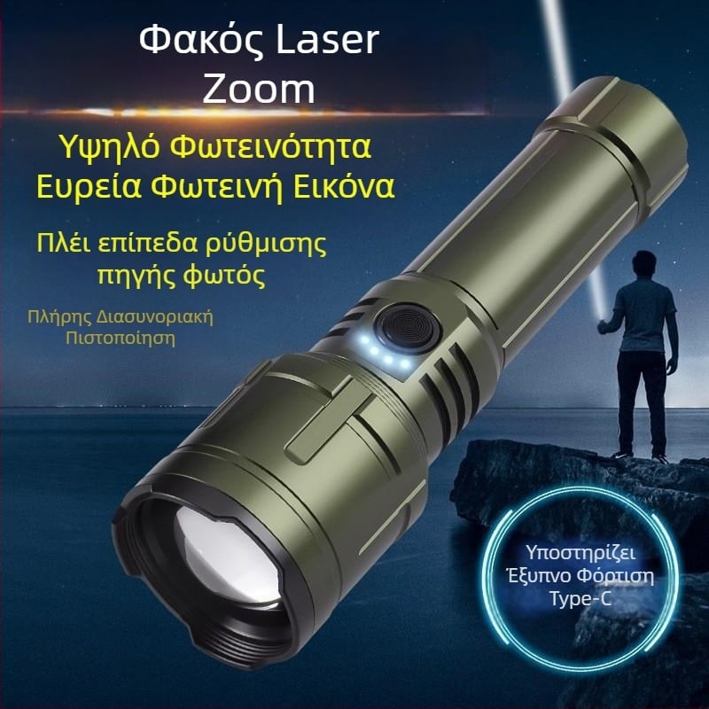 Φακός LED για κάμπινγκ και εξωτερικούς χώρους – 20W, επαναφορτιζόμενος, μπαταρία 18650/26650, περιστροφή 360°, εμβέλεια ≥500 m