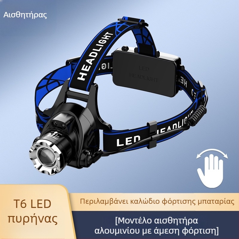Φακός κεφαλής LED με τηλεσκοπικό ζουμ - μοντέλο V9, επαναφορτιζόμενος, διακόπτης επαγωγής, αδιάβροχος