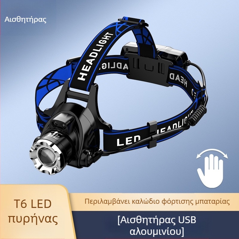 Φακός κεφαλής LED με τηλεσκοπικό ζουμ - μοντέλο V9, επαναφορτιζόμενος, διακόπτης επαγωγής, αδιάβροχος