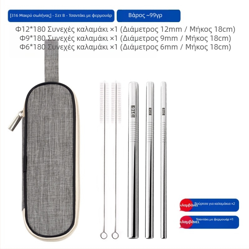 Καλαμάκι από ανοξείδωτο ατσάλι 316, ίσιο, φορητό για οικιακή χρήση με γάλα, καφέ ή κουάκερ