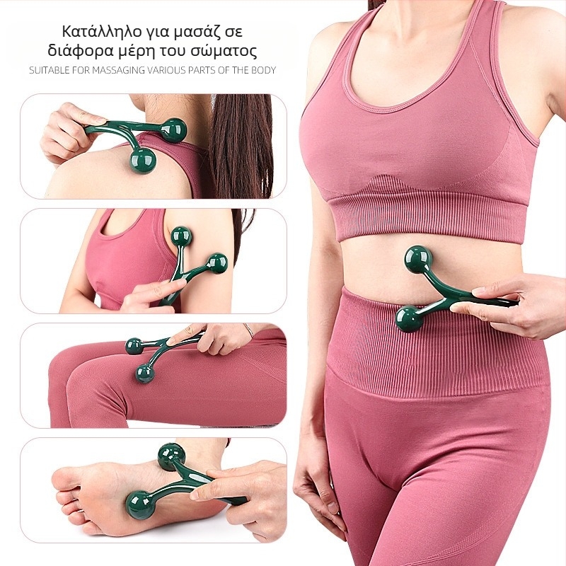 Κυλίνδριο μασάζ με τρεις μπάλες για πρόσωπο και σώμα — χειροκίνητος μασάζ ακουπρεσισμού, υλικό PS, βάρος 71 g