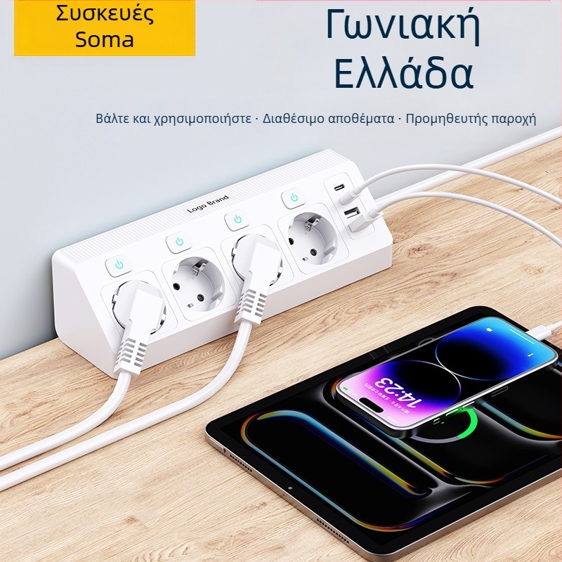 Ευρωπαϊκή γωνιακή πρίζα με φόρτιση USB, 4 πρίζες, Ανεξάρτητος διακόπτης, 16A, 250V