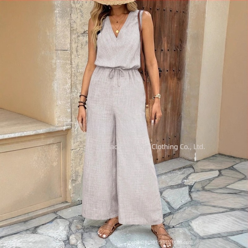 Γυναικεία Jumpsuit με V-λαιμό, χωρίς μανίκια, τσέπες με καπάκια και φαρδιά παντελόνια