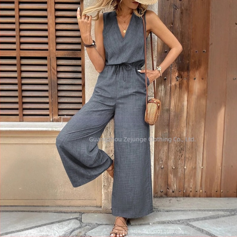 Γυναικεία Jumpsuit με V-λαιμό, χωρίς μανίκια, τσέπες με καπάκια και φαρδιά παντελόνια