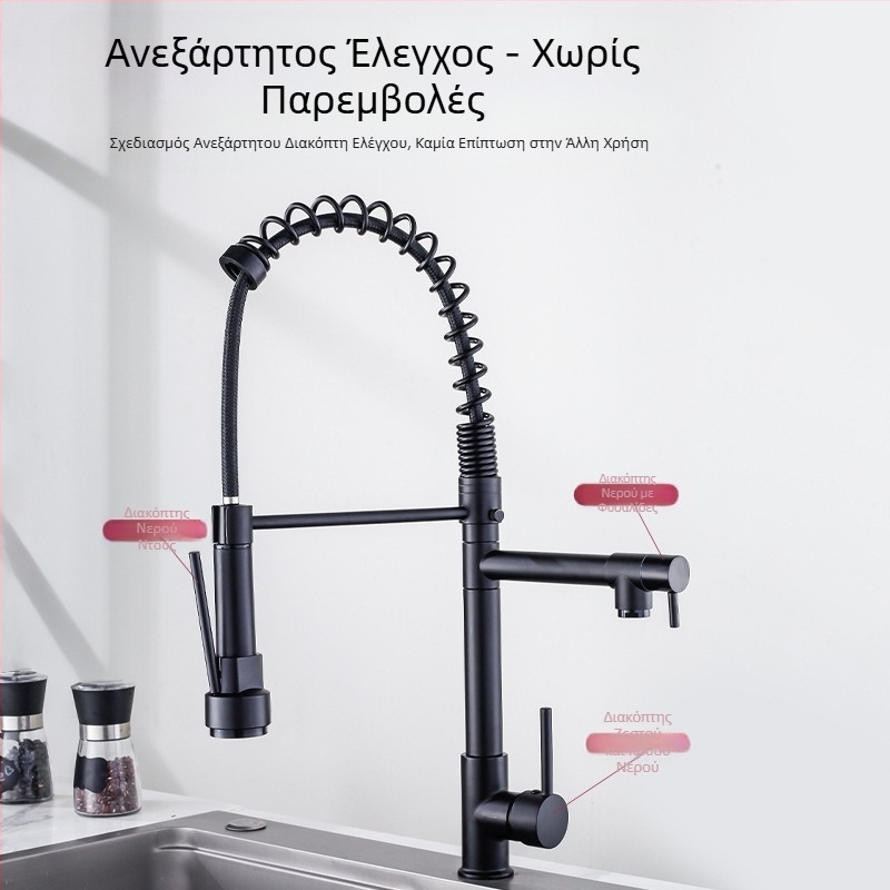 Βρύση κουζίνας με εξολκούμενο σωλήνα και ελατήριο, ζεστό και κρύο νερό, 360° περιστρεφόμενη κεφαλή