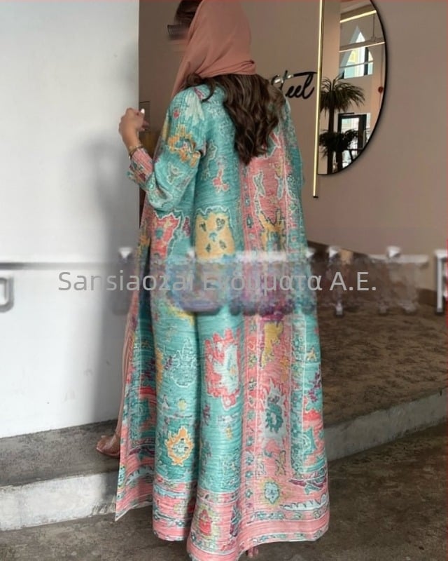 Πλισέ αμπάγια γυναικών με εκτυπωμένο σχέδιο, φαρδιά γραμμή, μακρύ μήκος, πολυεστέρας, μακριά μανίκια