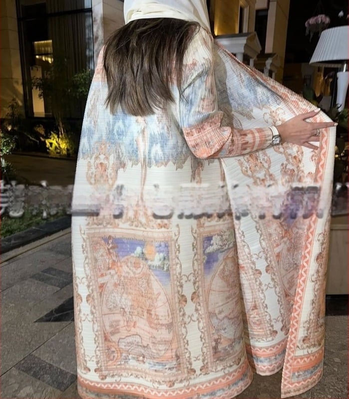 Πλισέ αμπάγια γυναικών με εκτυπωμένο σχέδιο, φαρδιά γραμμή, μακρύ μήκος, πολυεστέρας, μακριά μανίκια