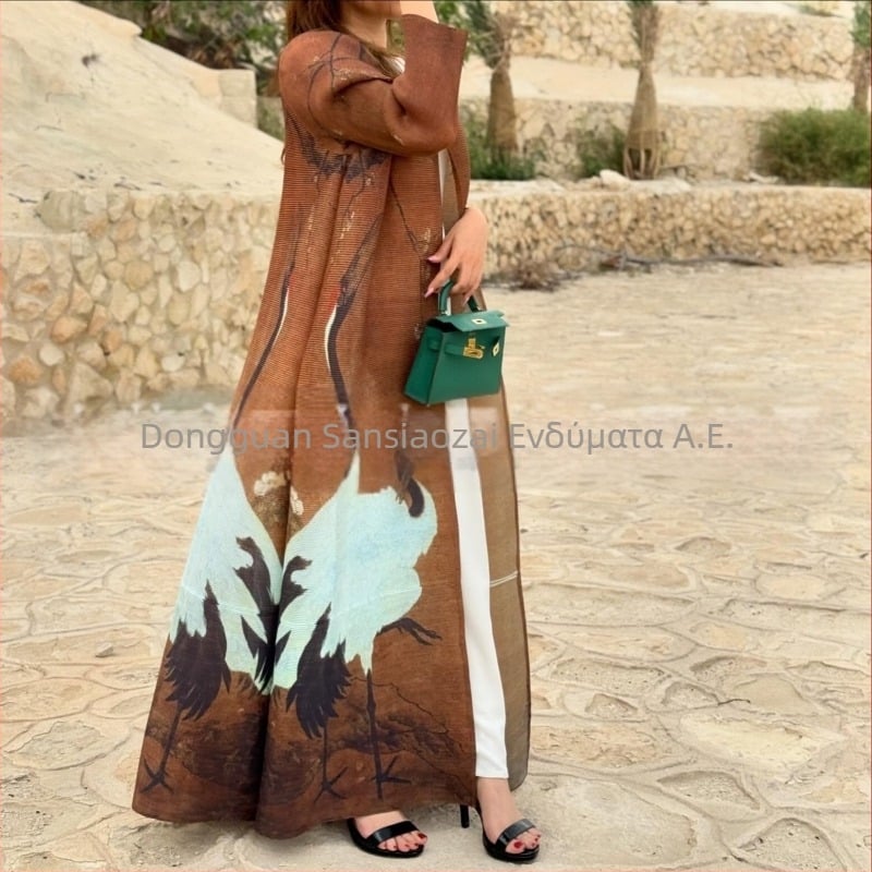 Πλισέ αμπάγια γυναικών με εκτυπωμένο σχέδιο, φαρδιά γραμμή, μακρύ μήκος, πολυεστέρας, μακριά μανίκια