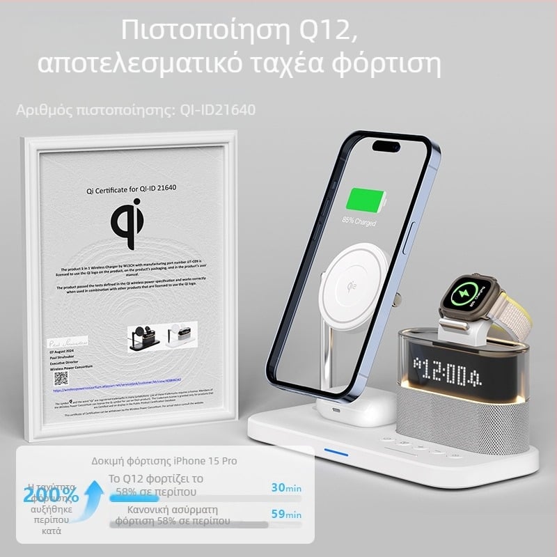Qi2 μαγνητικός 3-σε-1 ασύρματος φορτιστής για τη σειρά iPhone 12–15 και Apple Watch, επιτραπέζιος φορτιστής, συνολική ισχύς 25W, έξοδος 15W για κινητό, 5W για ακουστικά, 3W για ρολόι, QC4.0