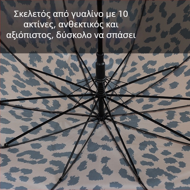 Ομπρέλα vintage λεοπάρ με μακρύ χερούλι, αυτόματο άνοιγμα, 10 ραβδώσεις, γκολφ ομπρέλα αντοχής στον άνεμο, ύφασμα 210T