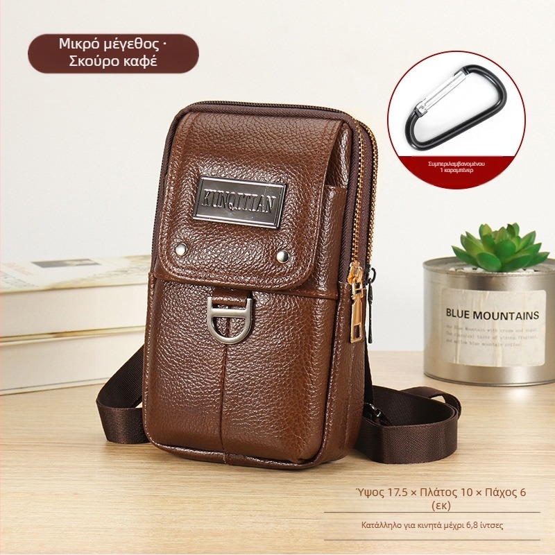 Ανδρική δερμάτινη τσάντα ζώνης για κινητό, γνήσιο δέρμα, δέρμα πρώτου στρώματος, κατακόρυφο τετράγωνο σχήμα, φερμουάρ, στυλ επιχειρηματικής μετακίνησης