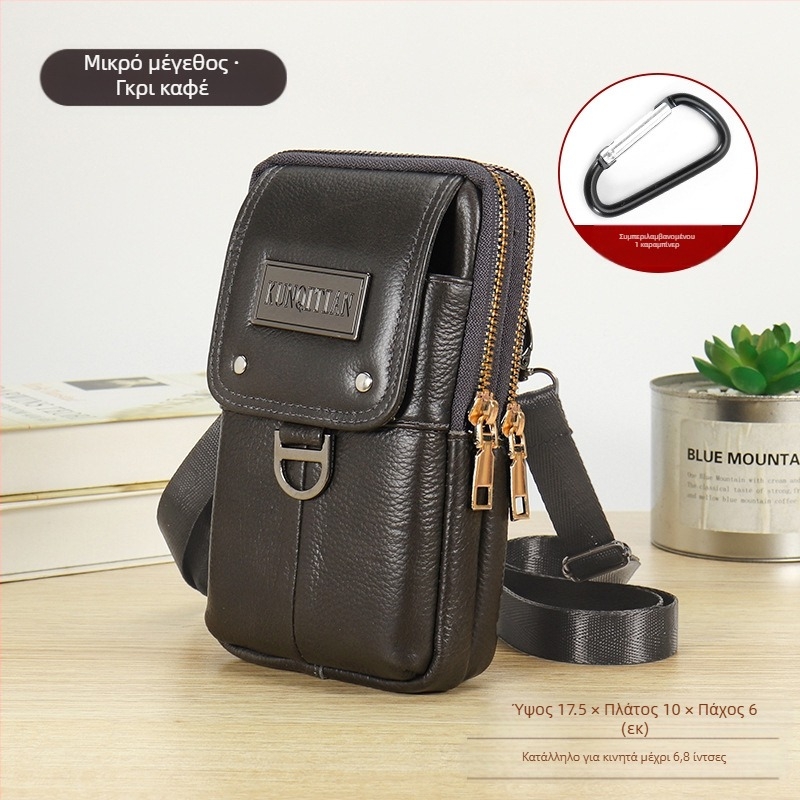 Ανδρική δερμάτινη τσάντα ζώνης για κινητό, γνήσιο δέρμα, δέρμα πρώτου στρώματος, κατακόρυφο τετράγωνο σχήμα, φερμουάρ, στυλ επιχειρηματικής μετακίνησης