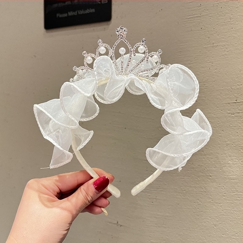 Παιδικός κεφαλόδεσμος σε σχήμα κορώνας με διχτυωτό ύφασμα και φιόγκο — χειροποίητο, κορεάτικος στυλ, αξεσουάρ μαλλιών πριγκίπισσας