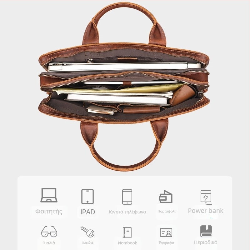 Ανδρική τσάντα χεριού - Γνήσιο δέρμα, οριζόντια επαγγελματική τσάντα, συμβατή με 15,6 ιντσών φορητό, κλείσιμο με φερμουάρ, εσωτερικές θήκες για φορητό, κινητό και ταυτότητα