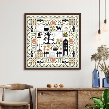Σετ κεντήματος με σταυρούς: Halloween Still Life, DIY κέντημα σε ύφασμα 11-CT, οικολογικό βαμβάκι, διακόσμηση δωματίου