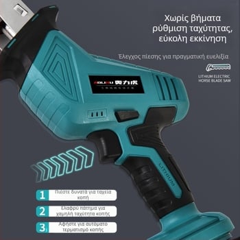 Πριονοβέλος με επαναφορτιζόμενη μπαταρία λιθίου 21V; κατάλληλο για κοπή ξύλου, μετάλλου και πλαστικού; περιλαμβάνει φορτιστή και λεπίδα πριονοκοπτικού