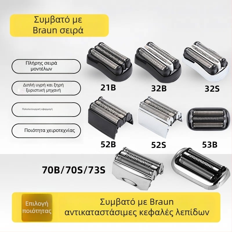 Ανταλλακτικές κεφαλές ξυριστικής Braun – Συμβατές με σειρές 21B32/52/70/92/3579, ABS+μέταλλο, βάρος 25 g
