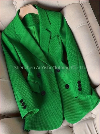 Γυναικείο σακάκι κοστουμιού με γιακά, μακριά μανίκια, διπλής σειράς κουμπιά, ύφασμα πολυεστέρα 95%+, σχέδιο κολάζ/ραφή